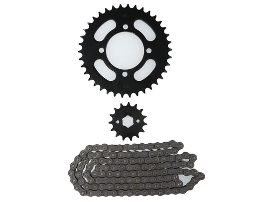 KIT TRANSMISION KINLON JL-125 (15/38) (428-120) CENTRO CATALINA 64MM/PERNOS CATALINA 8.5MM/CANTIDAD PERNOS CATALINA 4/DISTANCIA PERNO-PERNO CATALINA 56.5MM/ESTRIA INTERNA PIÃON 18MM/ESTR / UNIVERSAL