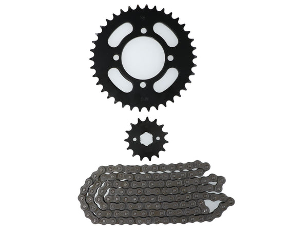 KIT TRANSMISION KINLON JL 125 (15/38) (428-120) CENTRO CATALINA 64MM/PERNOS CATALINA 8.5MM/CANTIDAD PERNOS CATALINA 4/DISTANCIA PERNO-PERNO CATALINA 56.5MM/ESTRIA INTERNA PIÃON 18MM/ESTR / UNIVERSAL