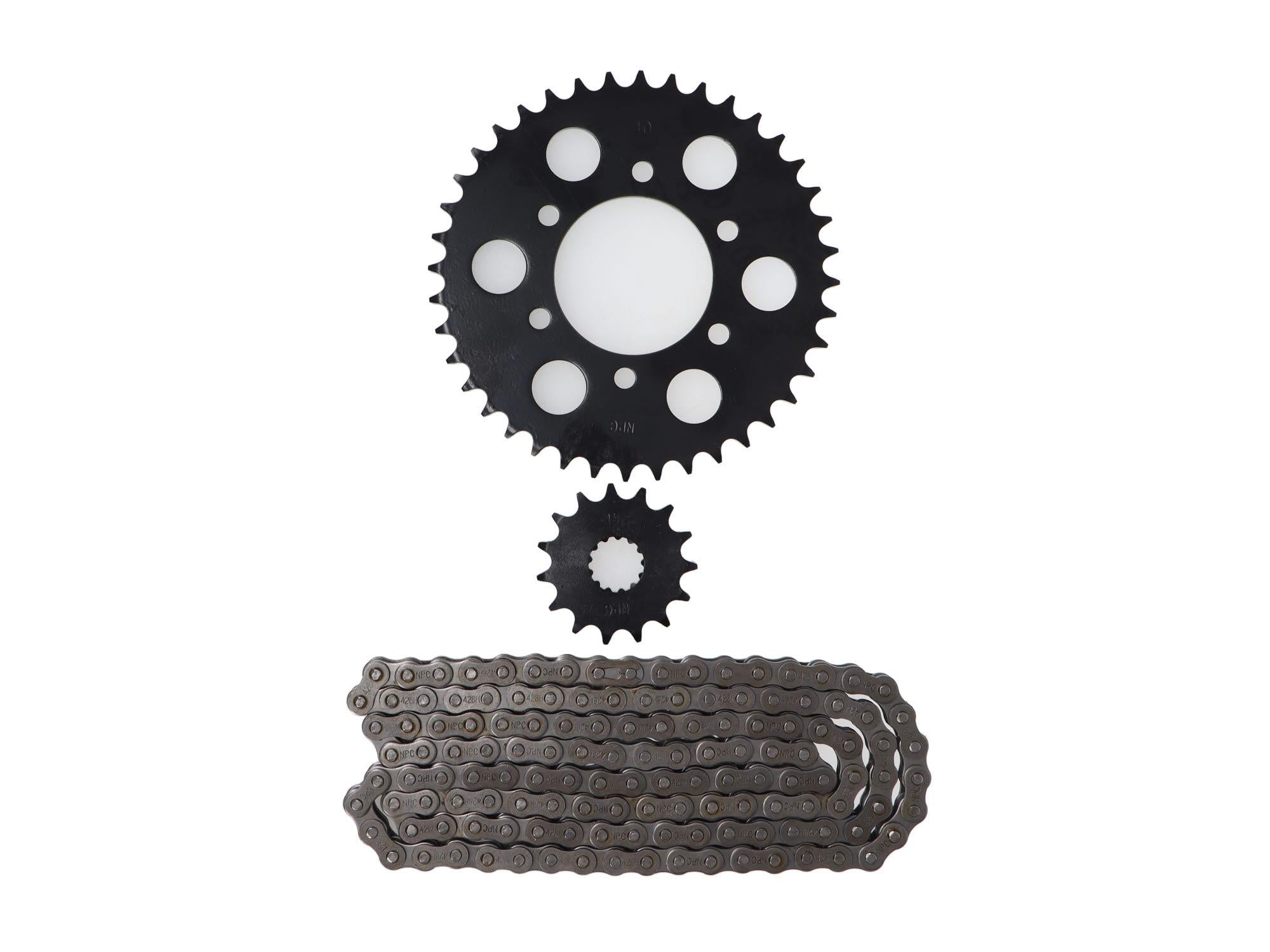 KIT TRANSMISION CHINA EUROMOT GXT-200 (15/40) (428H-136) CENTRO CATALINA 64MM/PERNOS CATALINA 8.5MM/CANTIDAD PERNOS CATALINA 6/DISTANCIA PERNO-PERNO CATALINA 42MM/ESTRIA INTERNA / MOTO UNIVERSAL