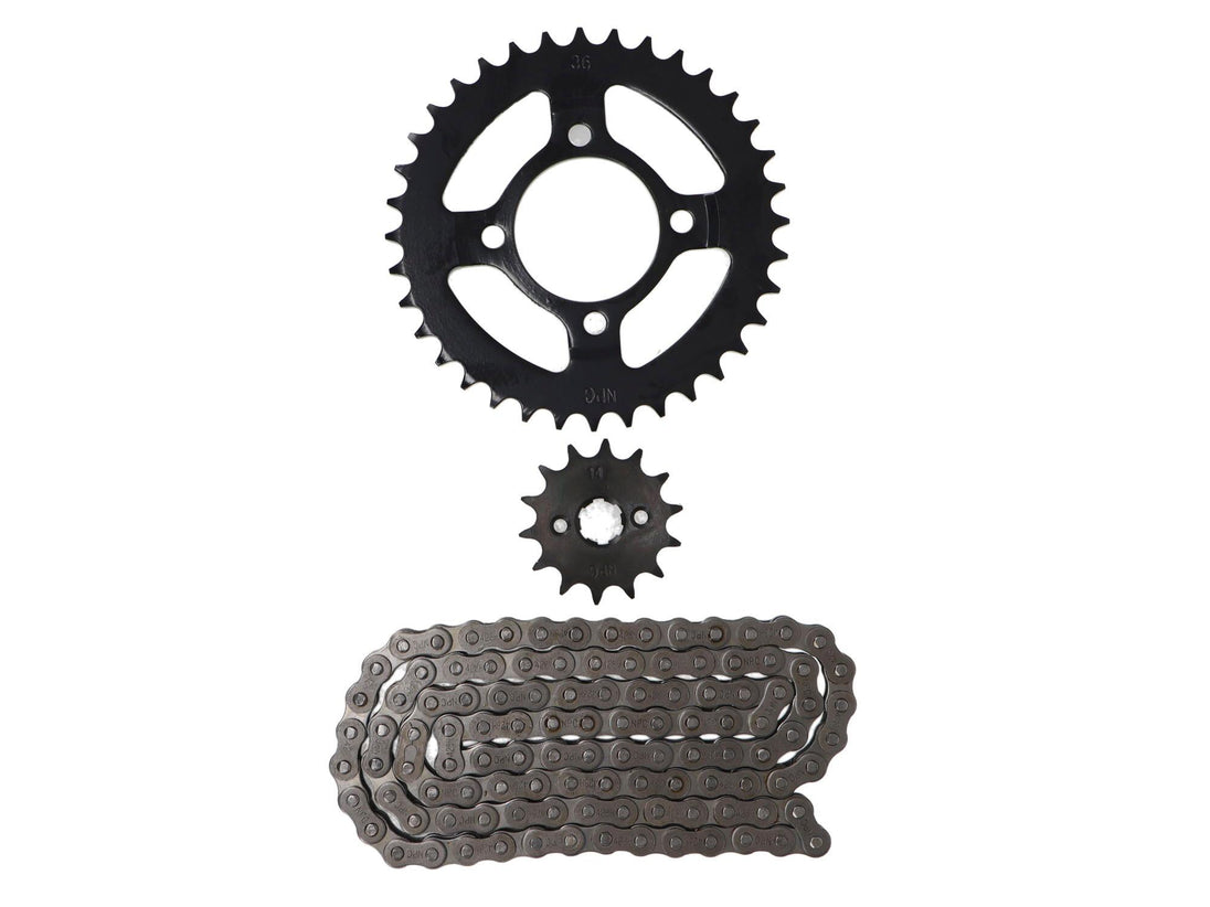 KIT TRANSMISION KINLON JL 110 (14/36) (428H-110) CATALINA 54MM/PERNOS CATALINA 8.5MM/CANTIDAD PERNOS CATALINA 4/ DISTANCIA PERNO-PERNO CATALINA 50MM/ESTRIA INTERNA PIÃON 15MM / UNIVERSAL