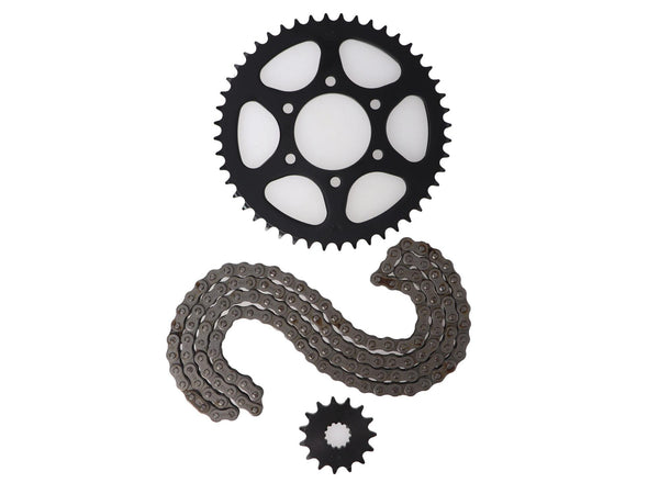 KIT TRANSMISION SUZUKI DR 125//EUROMOT GXT-200 (48/15) (428H-136) DIENTES CATALINA C48/DIENTES PIÃON P15/PASO CADENA 428H/ESLABONES 136L/CENTRO CATALINA 64MM/PERNOS CATALINA 8.5MM/CANTIDAD PERNOS CATALINA 6/DISTANCIA PERNO-PERNO CATALINA 42MM / SUZUKI