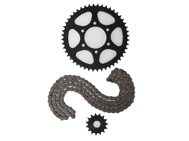 KIT TRANSMISION SUZUKI DR-125//EUROMOT GXT-200 (48/15) (428H-136) DIENTES CATALINA C48/DIENTES PIÃON P15/PASO CADENA 428H/ESLABONES 136L/CENTRO CATALINA 64MM/PERNOS CATALINA 8.5MM/CANTIDAD PERNOS CATALINA 6/DISTANCIA PERNO-PERNO CATALINA 42MM / SUZUKI