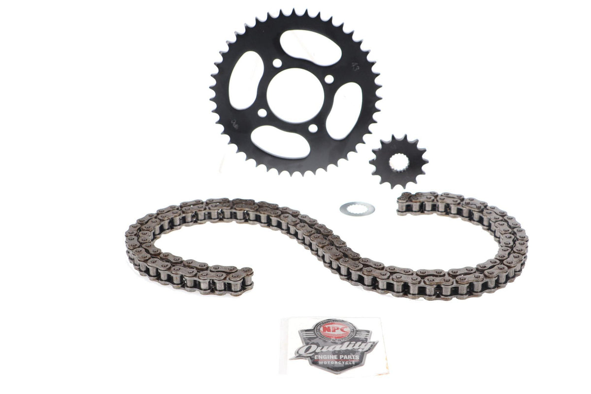 KIT TRANSMISION SUZUKI GN 125 (14/43) (428H-120) CENTRO CATALINA 58MM/PERNO CATALINA 8.5MM/CANTIDAD PERNOS CATALINA 4/DISTANCIA PERNO-PERNO CATALINA 55MM/ESTRIA INTERNA 18MM/ESTR / SUZUKI