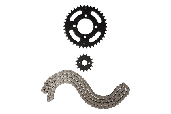 KIT TRANSMISION KINLON JL 125-7 // EUROMOT HJ125-7 (15/38) (428H-120) CENTRO CATALINA 58MM/PERNOS CATALINA 8.5MM/ CANTIDAD PERNOS CATALINA 4/DISTANCIA PERNO-PERNO CATALINA 55MM / UNIVERSAL