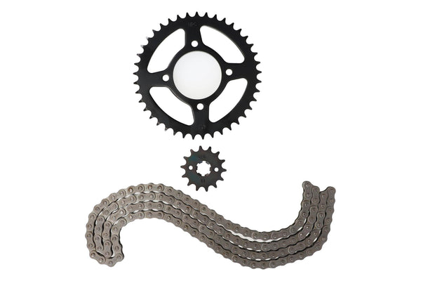 KIT TRANSMISION SUZUKI GS 150R (14/41) (428H-132) DIENTES CATALINA C41/ DIENTES PIÃON P14/ PASO CADENA 428H/ ESLABONES 132L/CENTRO CATALINA 64MM/PERNOS CATALINA 8.5MM/CANTIDAD PERNOS CATALINA 4/DISTANCIA PERNO CATALINA 60MM/ESTRIA INTERNA PIÃON 16MM / S