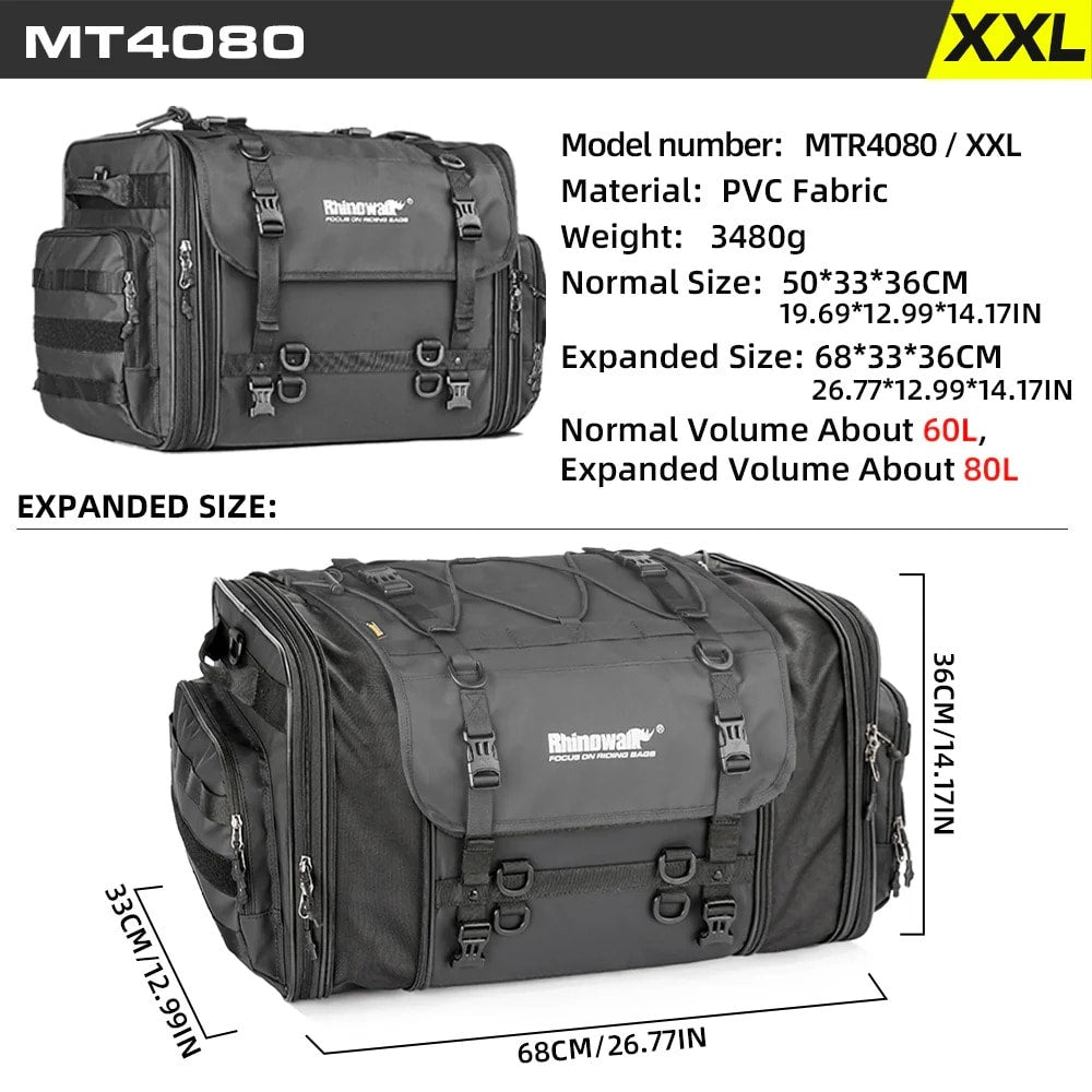 Bolso cola para moto rhinowalk MT4080 60 a 80 litros expandible impermeable