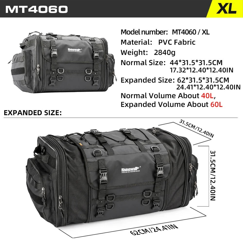 Bolso cola para moto rhinowalk MT4060 40 a 60 litros expandible impermeable