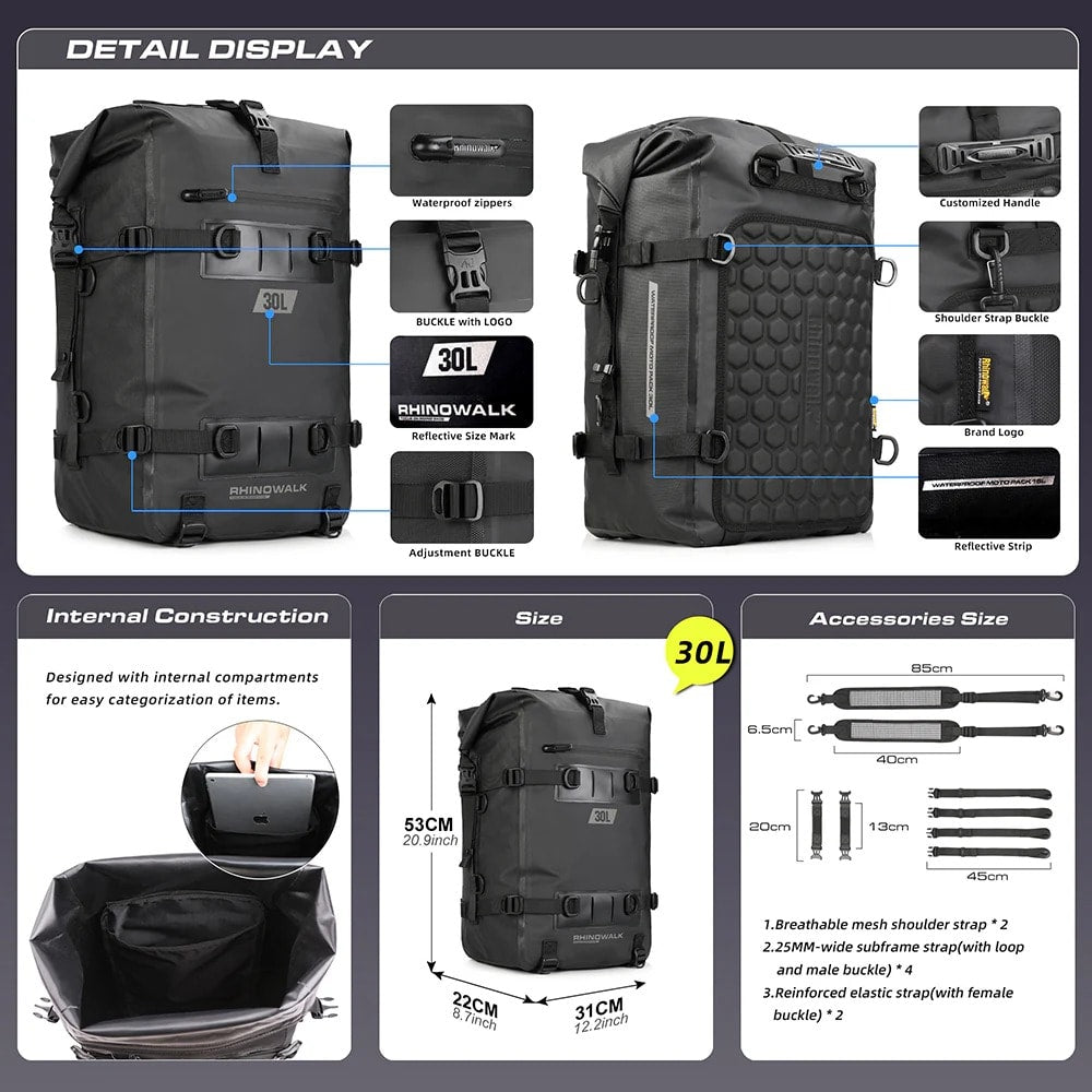 Bolso para moto Rhinowalk MT2230 30 litros impermeable dry bag