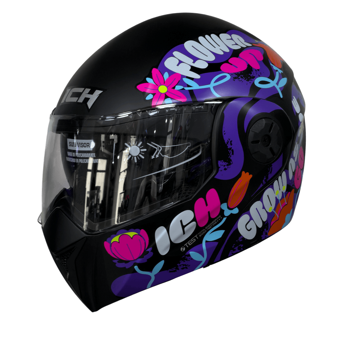 Casco moto ich 3110 jr flower up fc abatible con sun visor certificación dot
