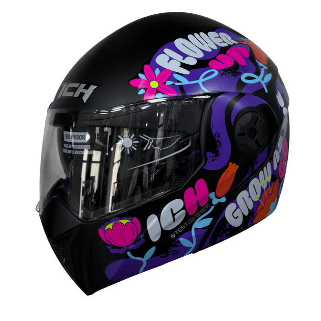 Casco moto ich 3110 jr flower up fc abatible con sun visor certificación dot